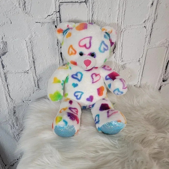 Build A Bear Rainbow Hearts Teddy Bear Plush Stuffed Animal Toy White 17 Inch - Picture 1 of 6